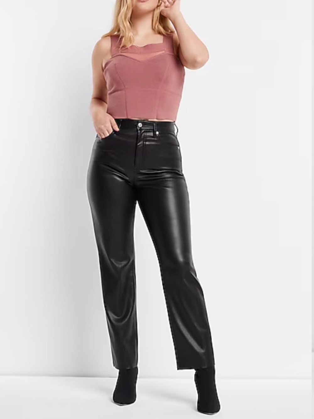 High-Rise Faux Leather Women Jeans in Black slit on sides